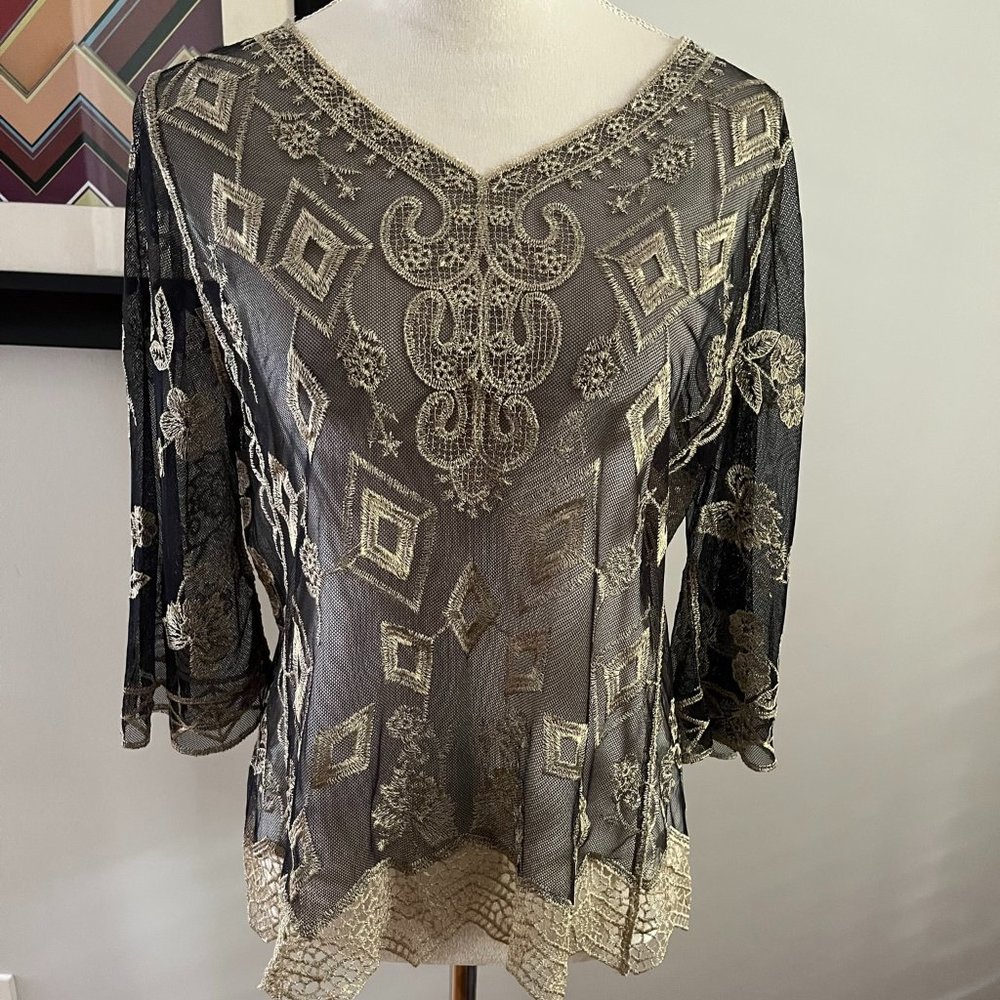 NWOT Ultra Pink Black Sheer Gold Embroidered Top M
